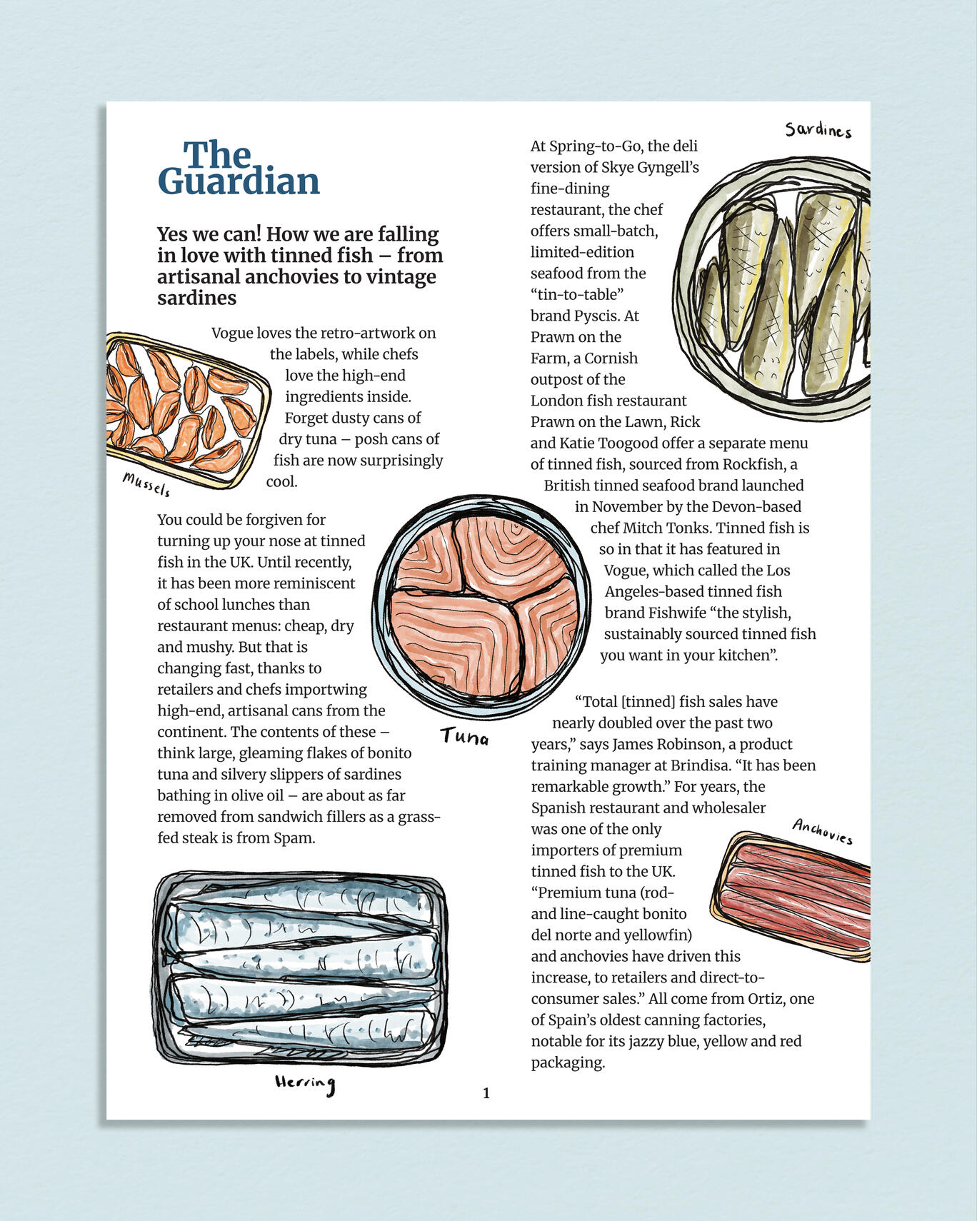 Self-directed spot illustrations responding to Tinned Fish articles in The Guardian.