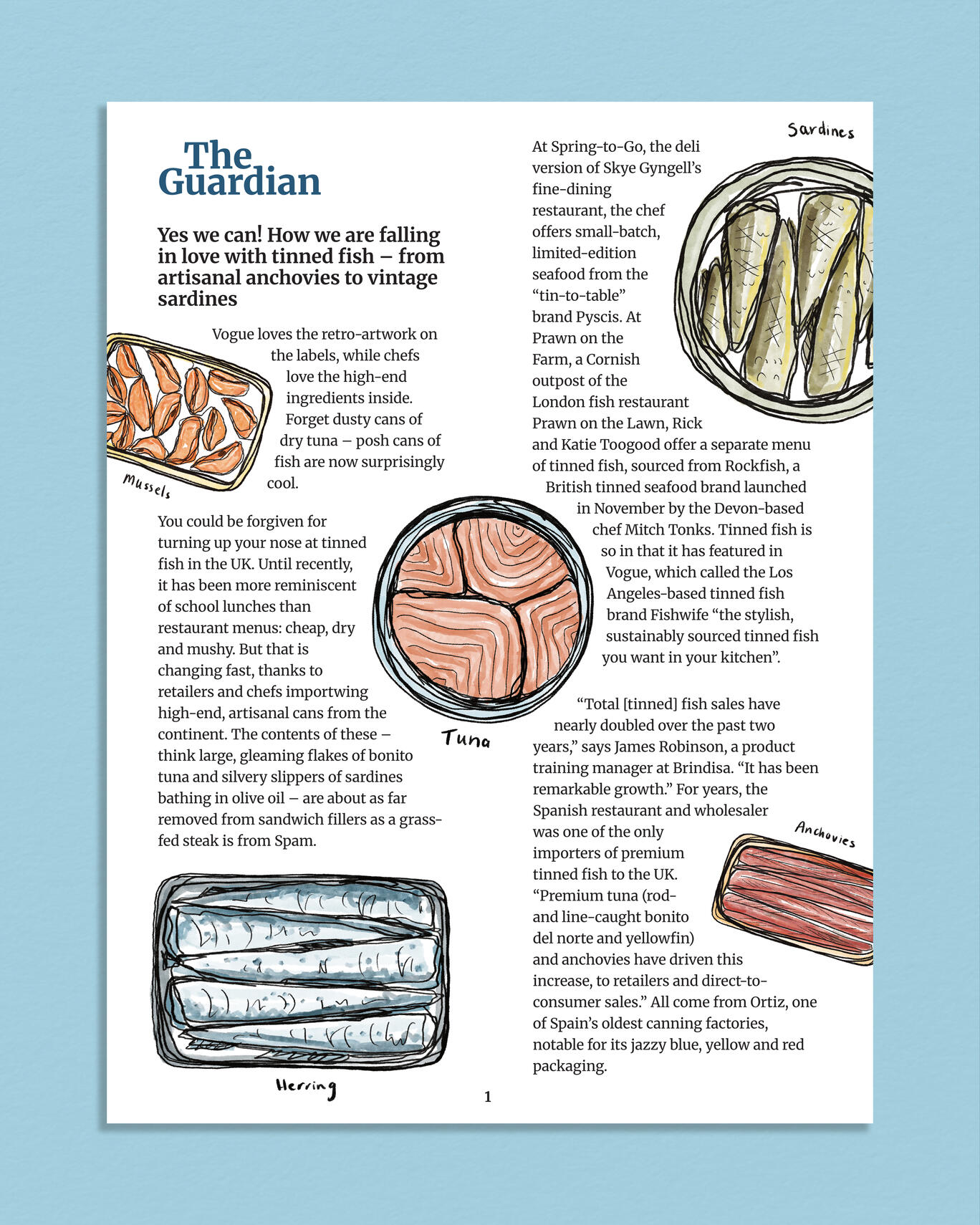 Self-directed spot illustrations responding to Tinned Fish articles in The Guardian.